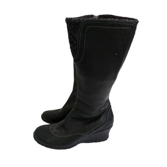 Merrell Vibram Soft Black Leather Wedge Heel Boots Wool Detail Shaft